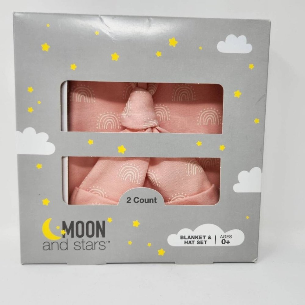 Moon and Stars Baby Blanket and Hat Set Boxed Set Pink, Baby Shower 100% Cotton